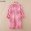 ZANZEA Women Casual Stand Collar 3/4 Sleeve Grid Print A-line Dress