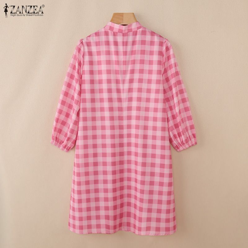 ZANZEA Women Casual Stand Collar 3/4 Sleeve Grid Print A-line Dress