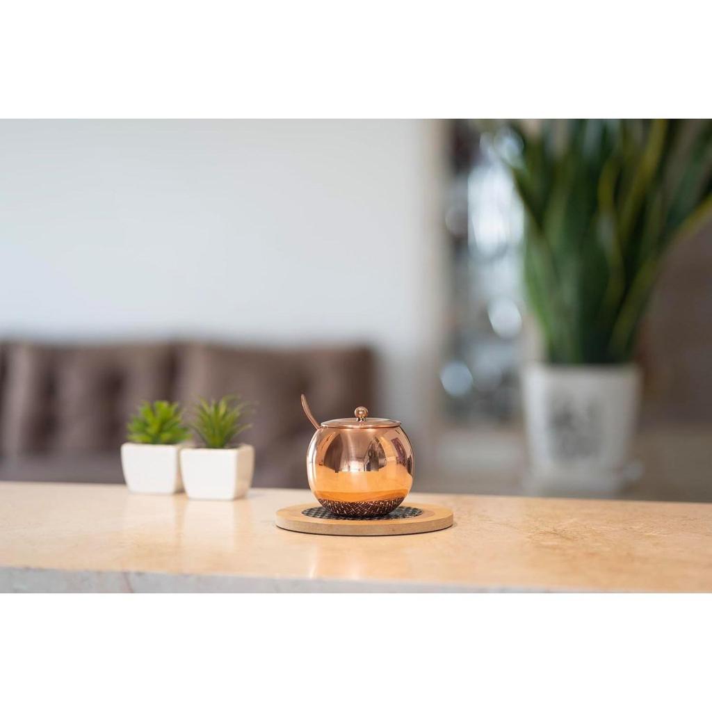 Copper Coated Stainless Steel Ghee Pot with Spoon | 275ml Oil & Ghee Container for Kitchen | Rust-Resistant Ghee Dispenser Jar