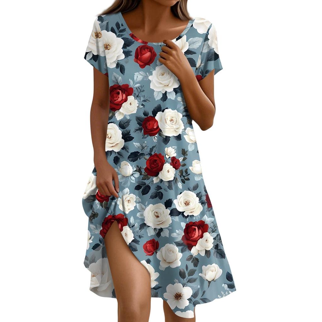 Short Sleeve Boho Dress For Women Casual Loose Fit Sundress Print Round Neck Dress With Pockets