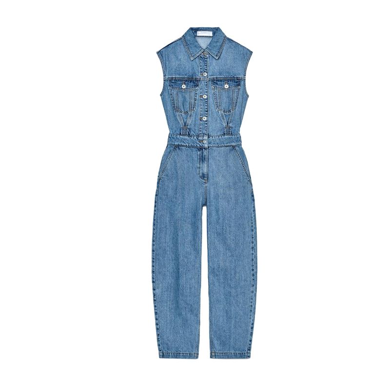 

Весенне-летняя женская одежда Металлическая пуговица Карман Без рукавов Лацкан Фасон баллон Деним Комбинезон 1879228 Medium Blue L