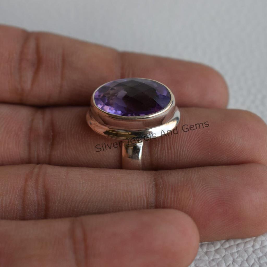 Natural Amethyst Ring, Handmade Ring, 925 Sterling Silver Ring, Oval Checker Amethyst Ring, February Birthstone Ring, Birthday Ring