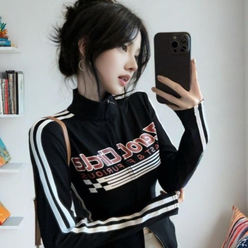Girls Y2K Tops Workout Cycling T-shirts Zipper Long Sleeve Fashion Club Wear Sexy Women's T-shirts Sports Tees
