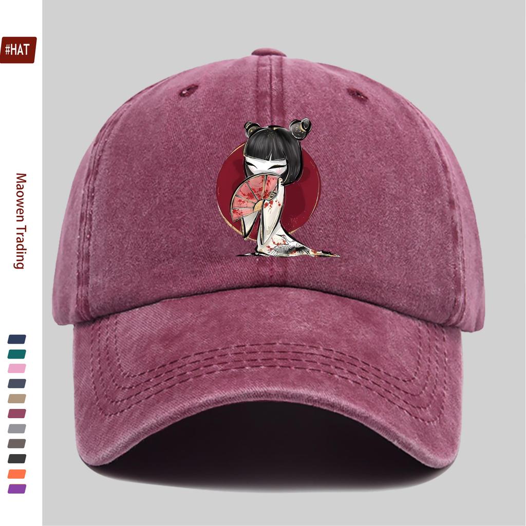 pc Cute Japanese Style Handheld Folding Fan Print Baseball Cap with Cartoon Cherry Blossom Print Design Sun Hat Comfortable Lig