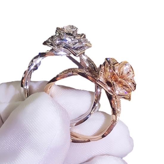 Zweifarbige Rose Blume Dekor Fingerring Funkelnder Zirkonia Eingelegt Zartes Handgefertigtes Fingerband Damen Schmuck Geschenk