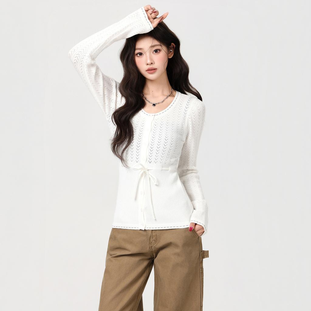 Design sense hollow lace-up single-breasted knitted cardigan women's autumn new slim-fit inner bottoming shirt 