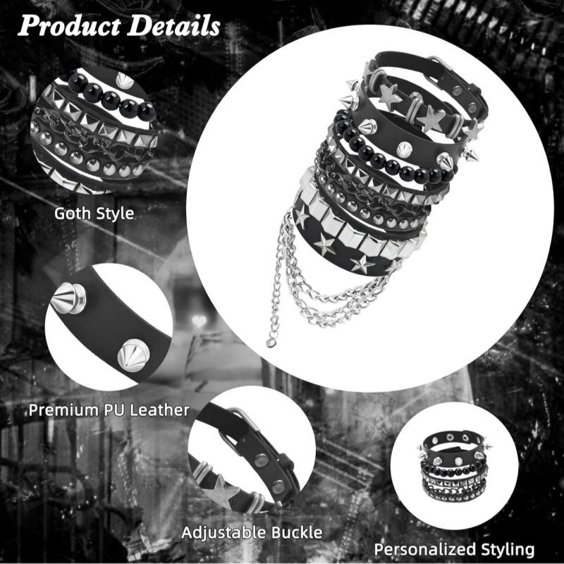 Gothic Punk Multi Layer Spike Stud Leather Bracelet 5 Piece Set
