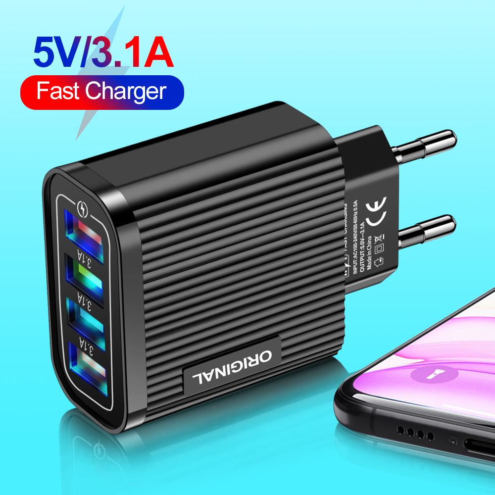 Phone Charger 4 Port USB Fast Mobile Phone Charger Adapter 5V 3A for iPhone Samsung Huawei Xiaomi Quick Charging Power Source