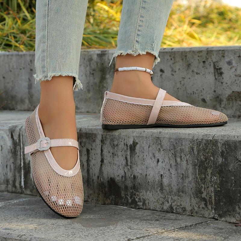 

Round-toed Mesh One-line Buckle Ballet Single Shoes Flat-bottomed Perforated Mary Jane Sandals Fishing Net Shoes 40 бежевый