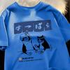 Harajuku Japanese Cat Drinking Tops Mens Fashion O-Neck T-Shirt Street Summer Oversized Clothing Cotton Tshirts