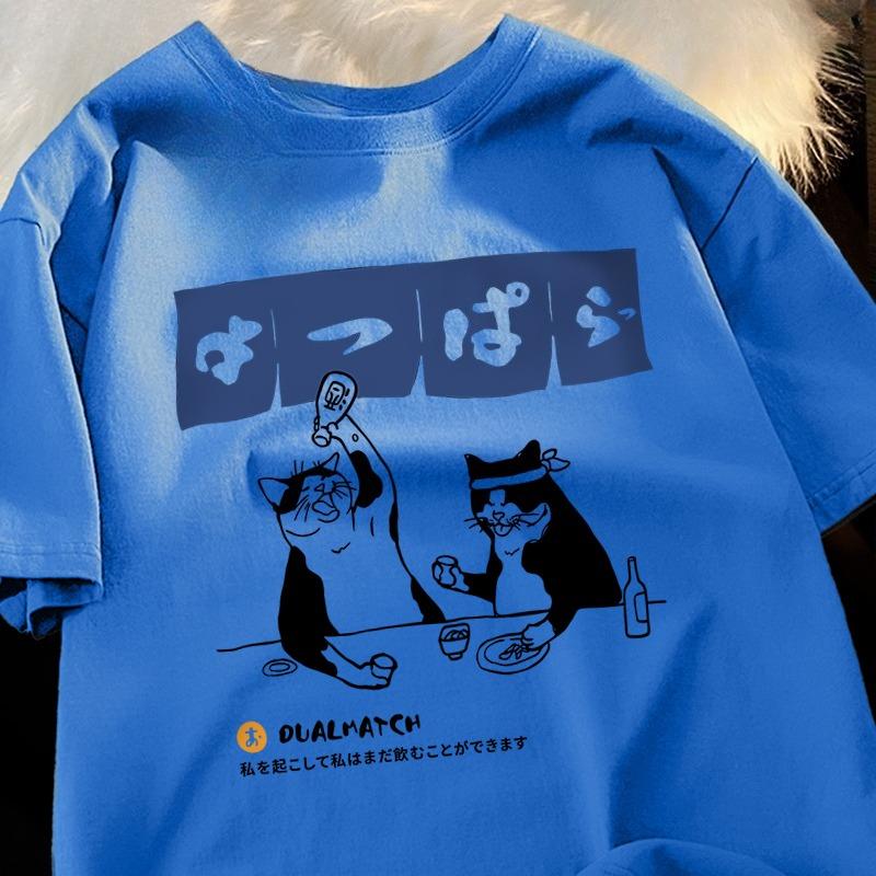 Harajuku Japanese Cat Drinking Tops Mens Fashion O-Neck T-Shirt Street Summer Oversized Clothing Cotton Tshirts