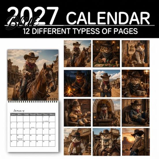 Vintage Style Cat Illustration 12 Calendar 12-Month Cowboy Wall Art 2027 Western Kitten Month Schedule