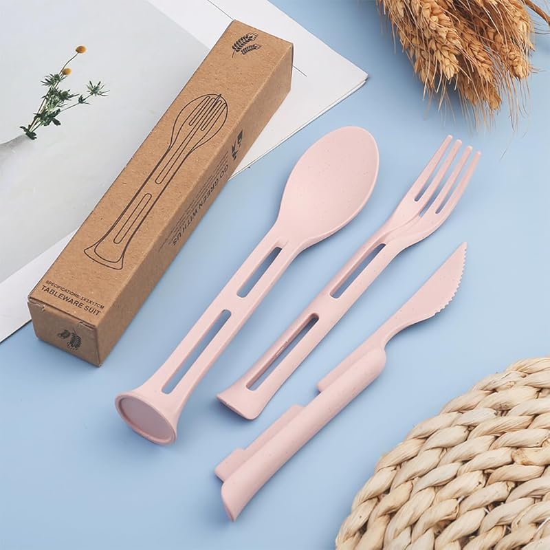 3PCS Wheat Straw Cutlery, Reusable Utensils Set Portable Travel 3 in 1 Spoon Fork Knife Tableware, Eco-Friendly, BPA Free, Flatware for Kids Adults,