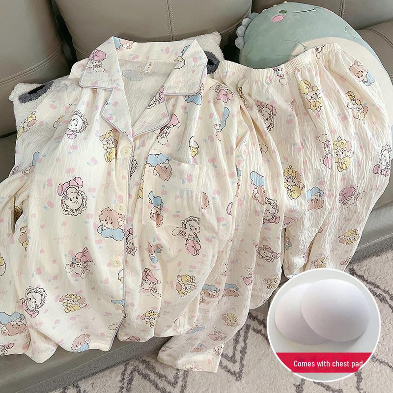 Women's Spring/Autumn Pajama Set: Thin Cloud Cotton with Chest Pads, Long-Sleeved Cardigan, Sweet and Cute Homewear.