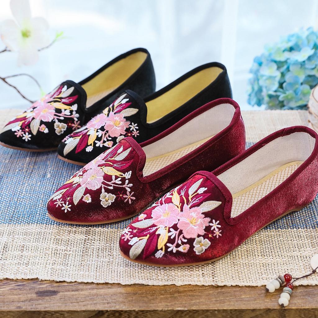 Tøfler, skoletter, bomullssko, spisse sko, Mueller-sko, kvinners skoletter i mote etnisk stil, broderte tøysko