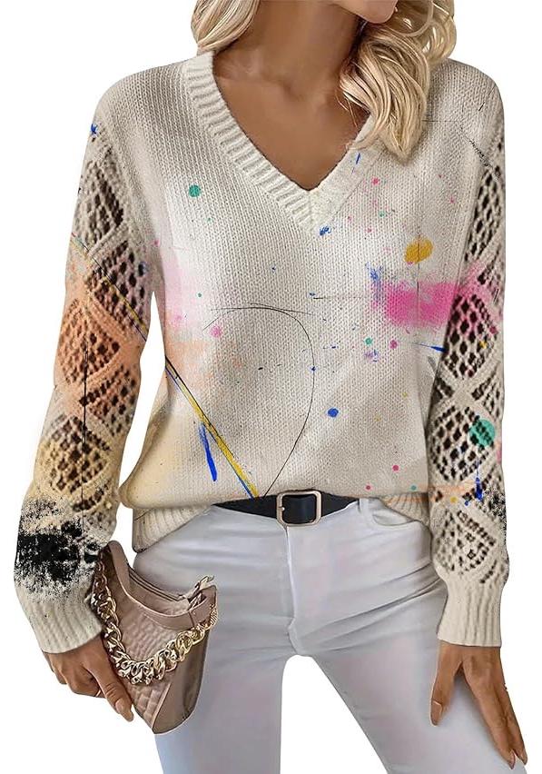 V-Neck Eyelet Print Sweater - Style HS-LY52