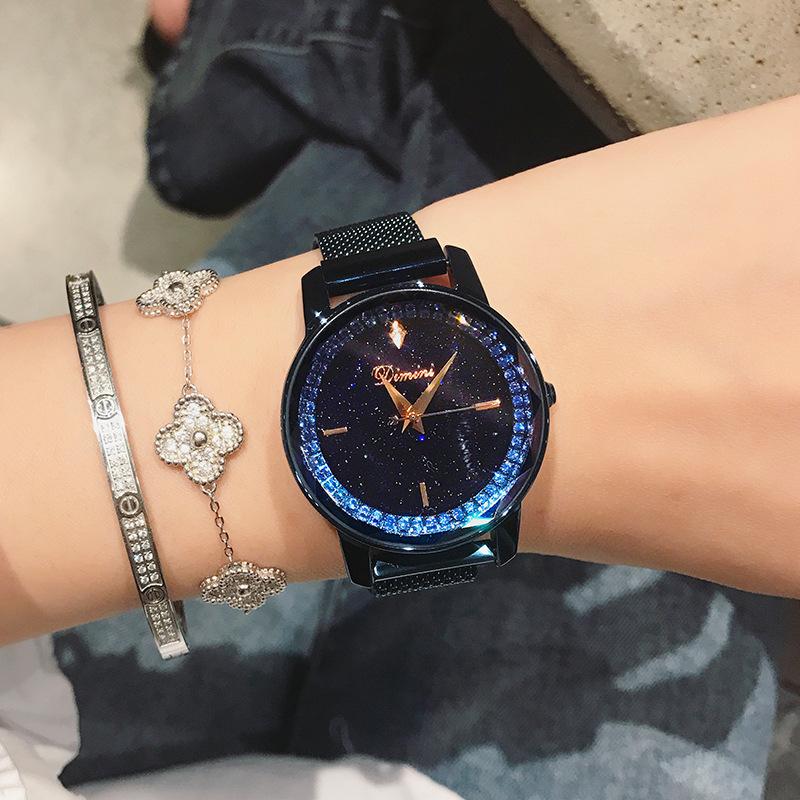

Новые модные часы со стальным ремешком и магнитной застежкой, циферблат со стразами и звездным небом, водонепроницаемые кварцевые часы