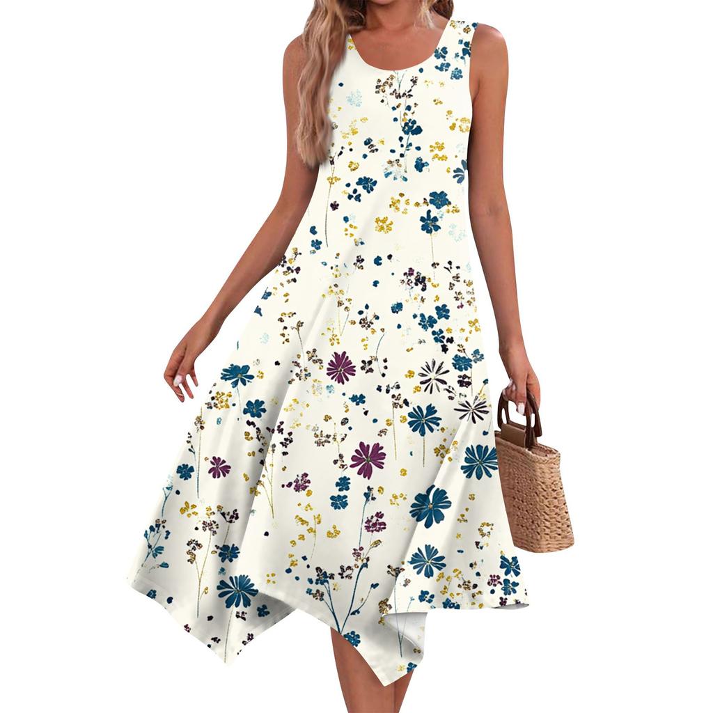 Women's Casual Fashion Round Neck Sleeveless Floral Print Irregular Hem Midi Dress