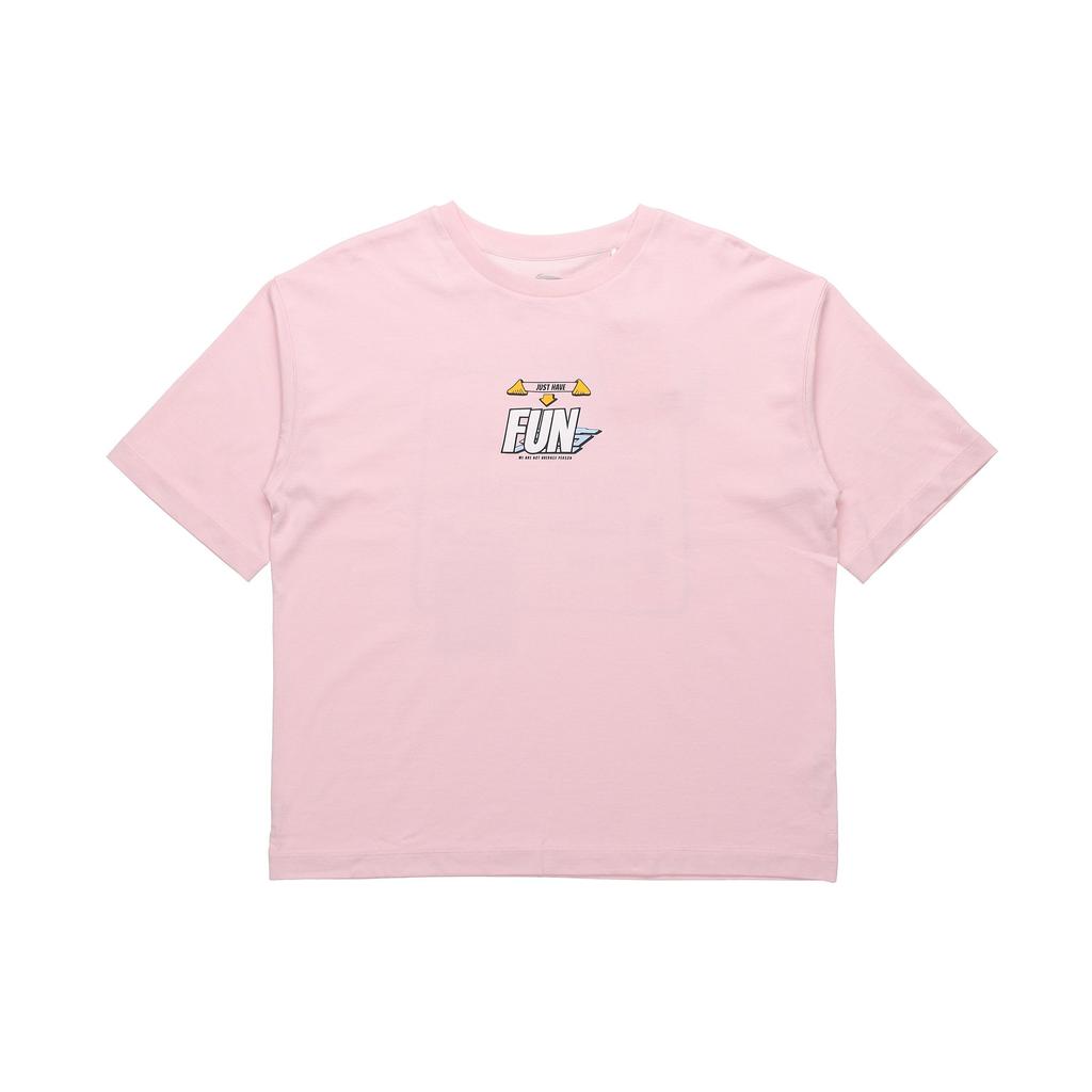 Li Ning Sports Fashion Series Casual Loose Round Neck Short Sleeve T-Shirt Women Tops Pink AHSR774-3