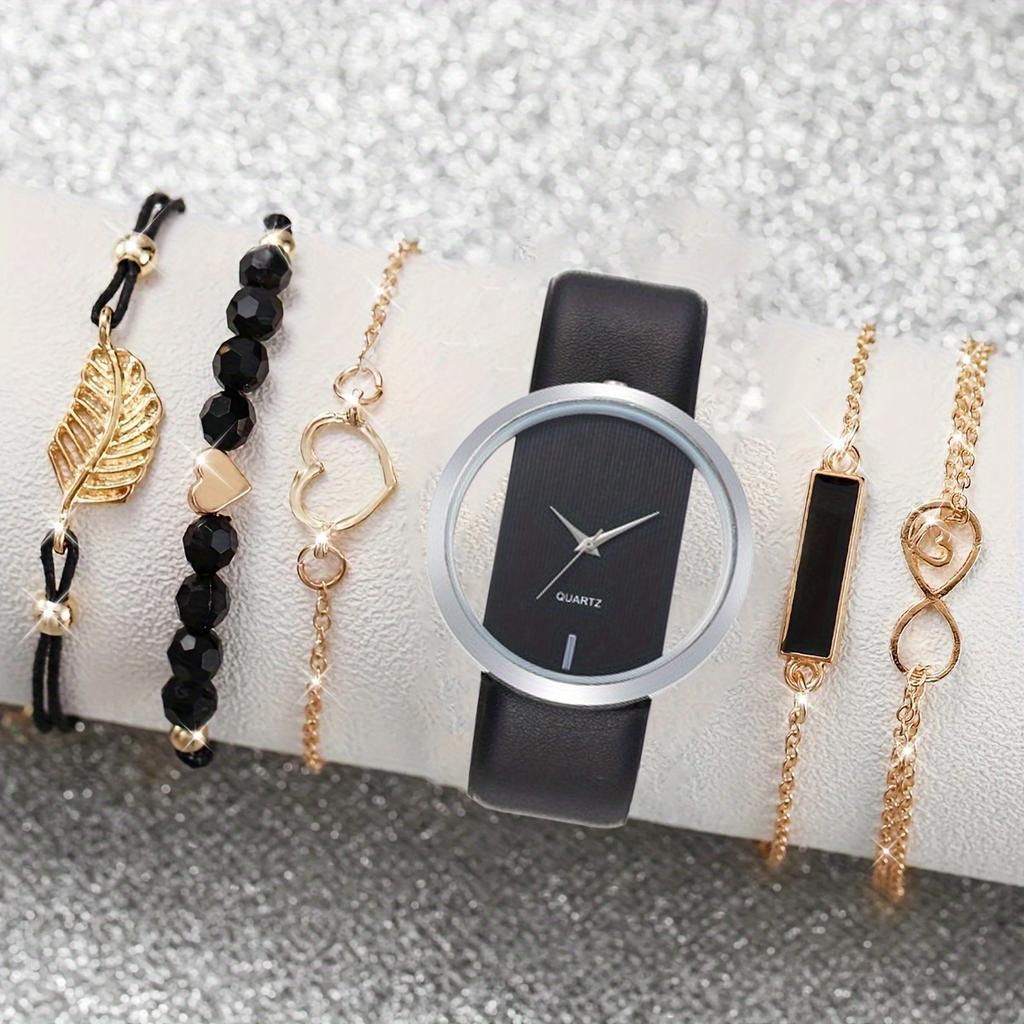 Women's Watch Bracelet Set Fashion Hollow Dial Leather Band Quartz Watches(Without Box)