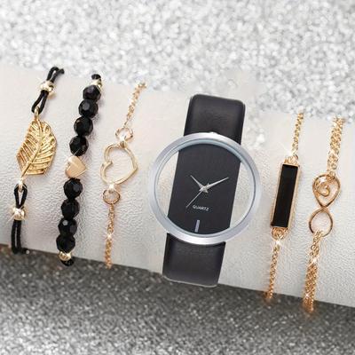 Women's Watch Bracelet Set Fashion Hollow Dial Leather Band Quartz Watches(Without Box)