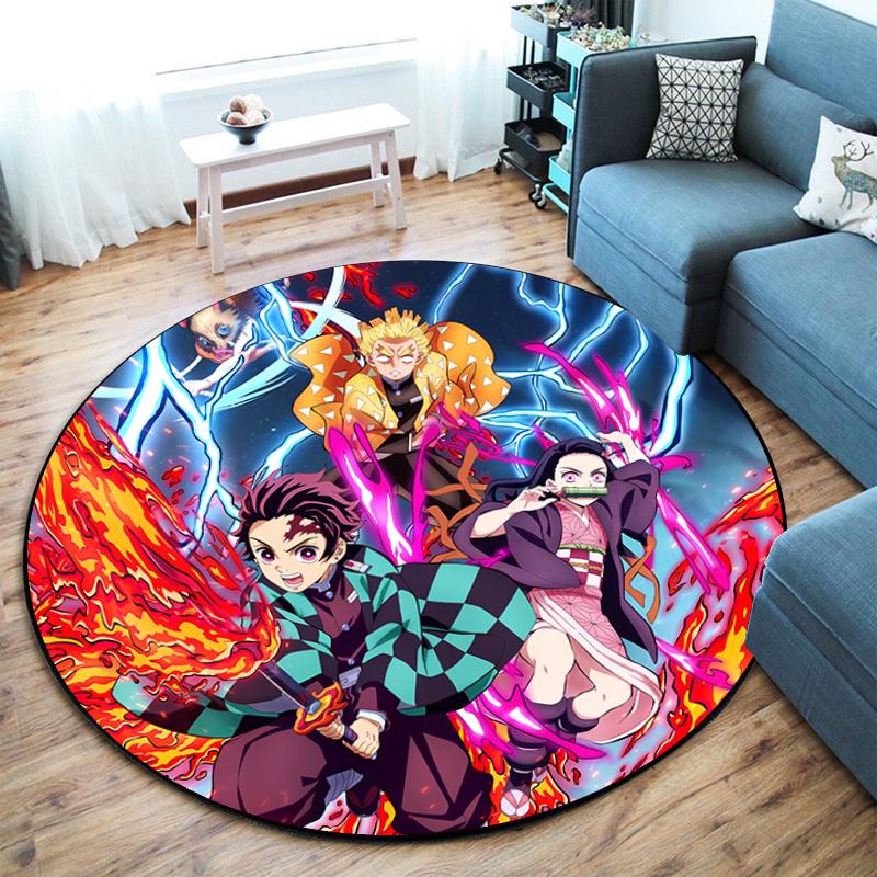 Classic Japanese-style Cartoon Demon Slayer Round Rug, Home Soft Decorative Anti-slip Yoga Mat and Chair Mat, Outdoor Floor Mat Carpet K6