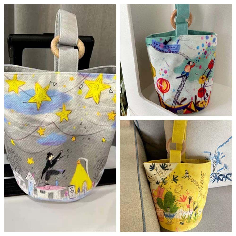 Sky Cartoon Bucket Bag Plant Letter Lunch Bag Reusable Canvas Star Handbag Female/Girls