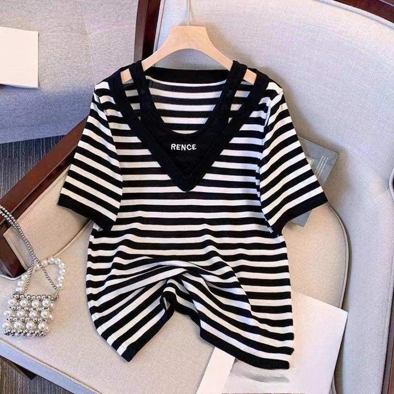 

Summer Casual Women s Extra Large Size Design Striped Short-sleeved T-shirt Women 4XL білий