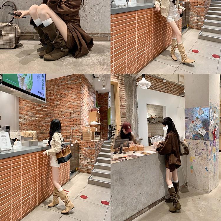 Spot new long boots with an inner height of 5cm, Korean fashionable buckle design, stacked medium boots, thin boots