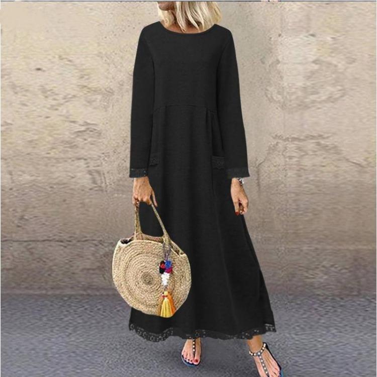 Women's Elegant Lace Plus Fleece Dress Sweater Casual Long Sleeve Outfit Winter Autumn Fashion Clothing Skirt