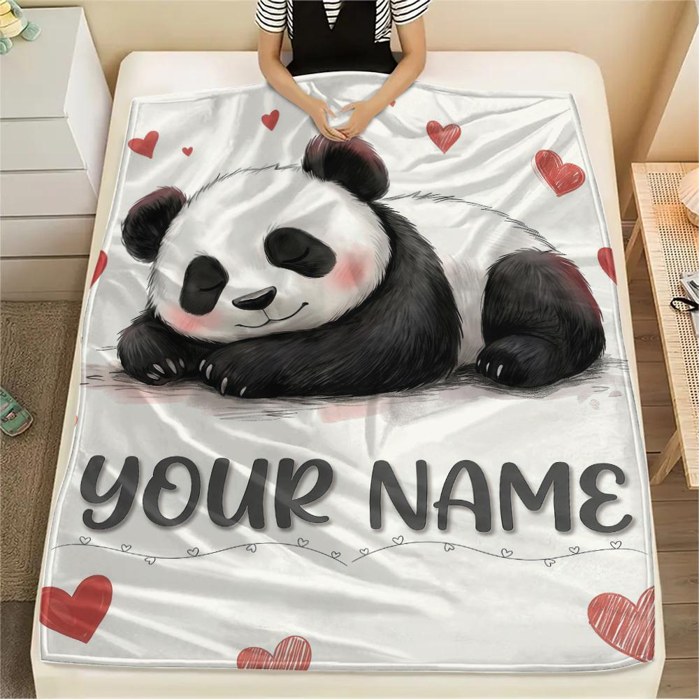 1PC Custom Name Panda Love Heart Theme Patterned Flannel Blanket Suitable For All Seasons for Home Decor Warmth and Comfort Gifts Holiday Present_lx