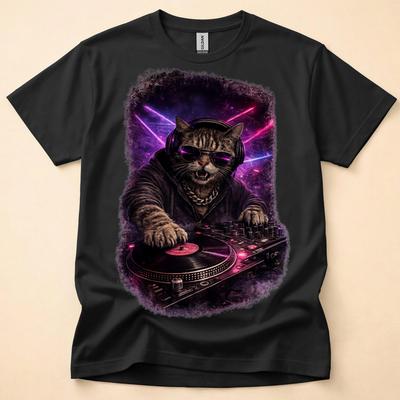 DJ-Katze spielt Plattenspieler, Katze Meme Grafik-T-Shirt, Vintage Katzenliebhaber-T-Shirt, lustiges Katzen-Meme-T-Shirt, alternatives Katzen-T-Shirt, Geschenk für Katzenvater, Katzenmutter-T-Shirt