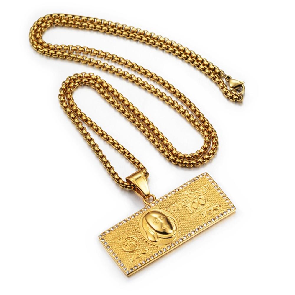 Hip Hop Iced Out Bling $100 Dollar Pendant Male Gold Color Stainless Steel Money Necklace For Men Fashion Hippie Jewelry Gift