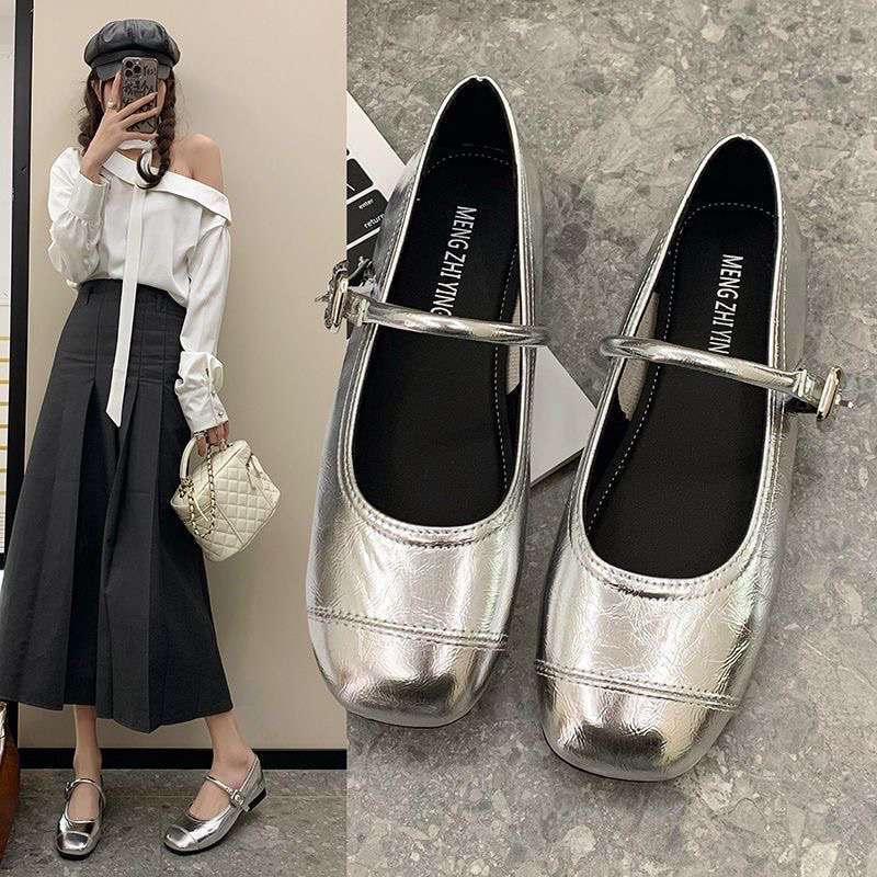 French with skirt silver round head Mary Jane shoes women's spring 2025 new evening flat one-word strap single shoes