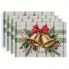 4pcs Vintage Christmas Placemats Polyester Table Mats with Golden Bells Holly Design 18x11.8 Inches, Hand Wash