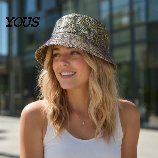 Bucket Hat Shiny Fabric Hat, Rainproof Reflective Party Colorful Fish Scale Pattern Sun Protection Fisherman for Festivals And Travel Quick-dry