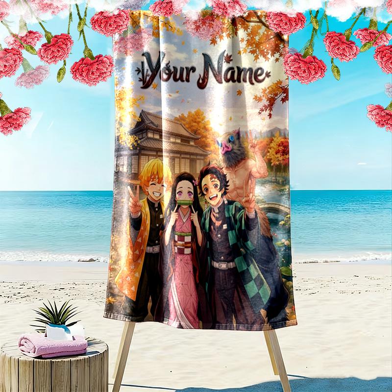 Name Custom Demon Slayer Print Beach Towel, Large Soft Quick Dry Towel for Beach Camping Swimming