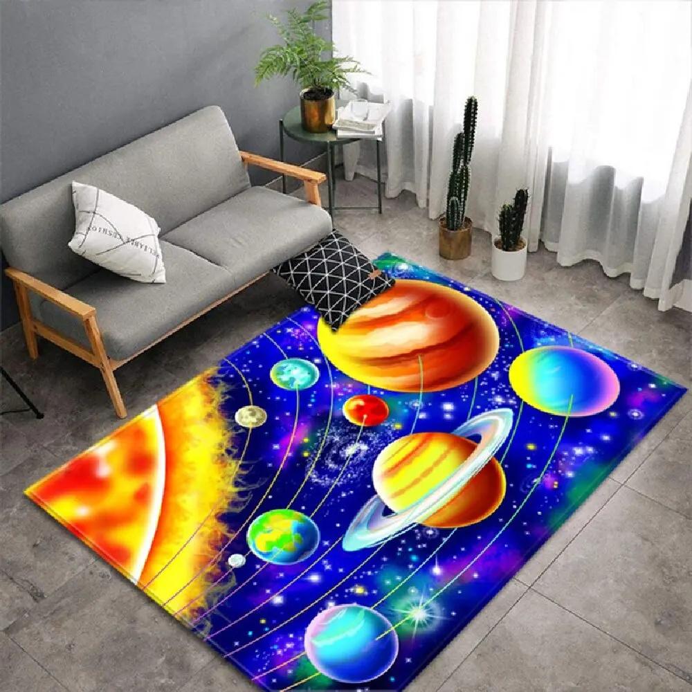 Futuristic Spaceship Rug with Cosmic Planets and Sunburst Design for Living Room Bedroom Game Room Decor Non Slip Carpet