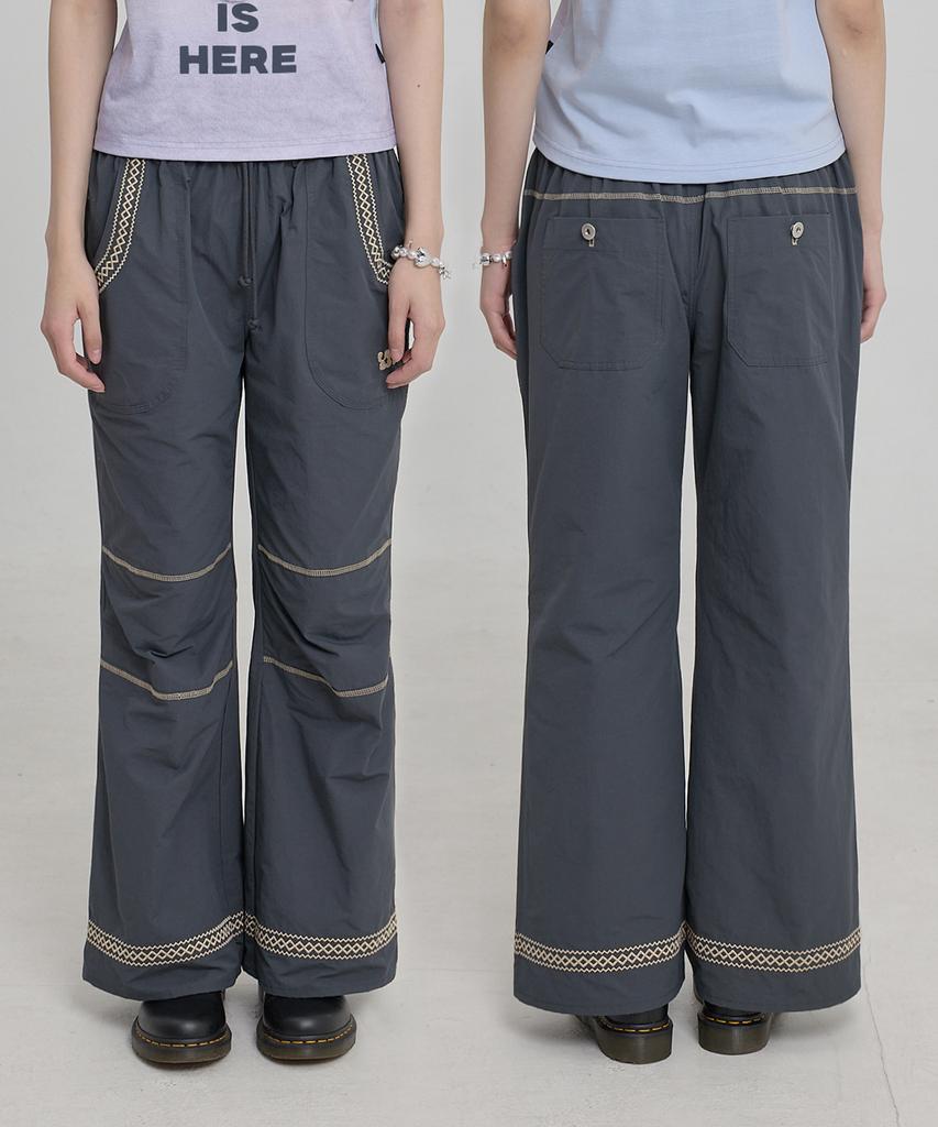 WAIKEI Lace Embroidered Bootcut Cotton Pants Charcoal