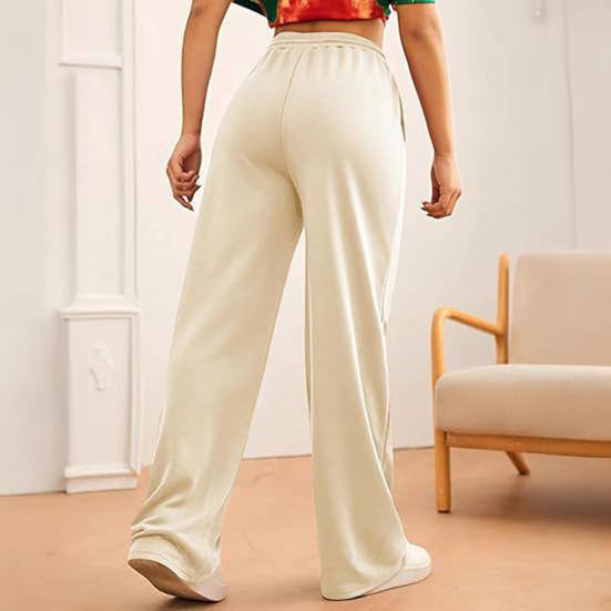 Women Wide Leg Pants Elastic High Waist Adjustable Drawstring Pure Color Long Sweatpants with Pockets Casual Lounge Pants Daily Wear