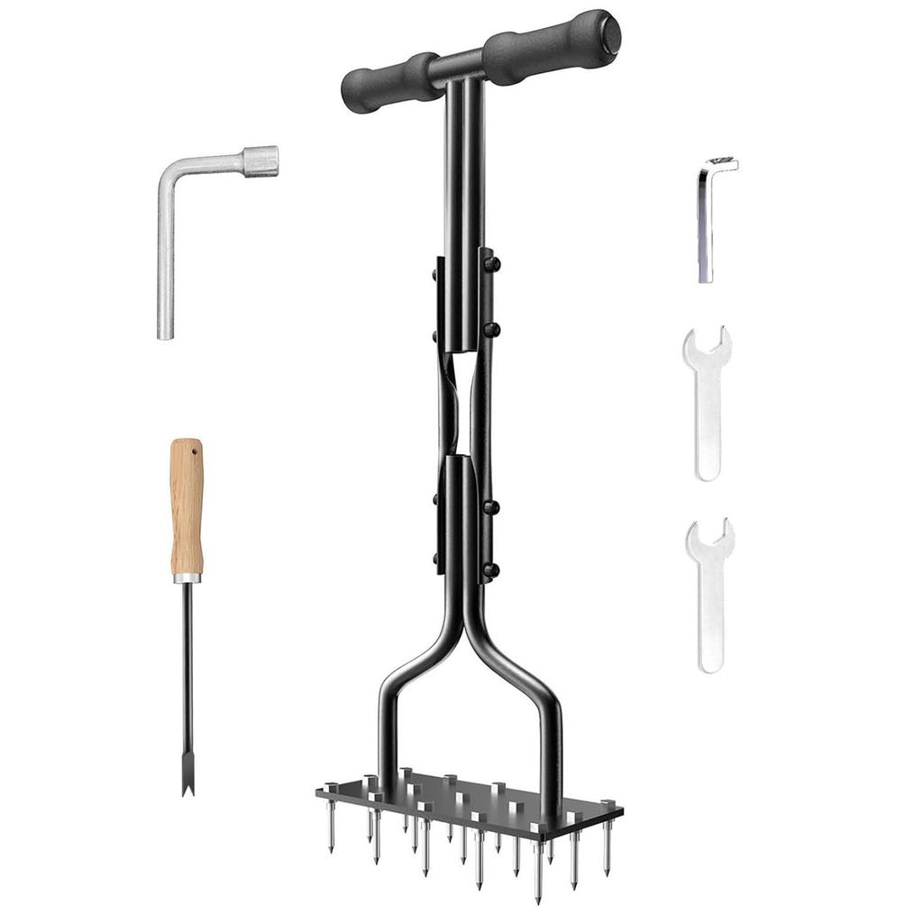 36 Inch Lawn Aerator with 15 Iron Spikes T Handle Manual Soil Aerating Tool Set for Yard Garden