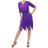 Ladies Glittery Rhinestone Tassel Dress Mesh Patchwork Short Sleeve Irregular Hem Fringe Latin Tango Chacha Dance Dress
