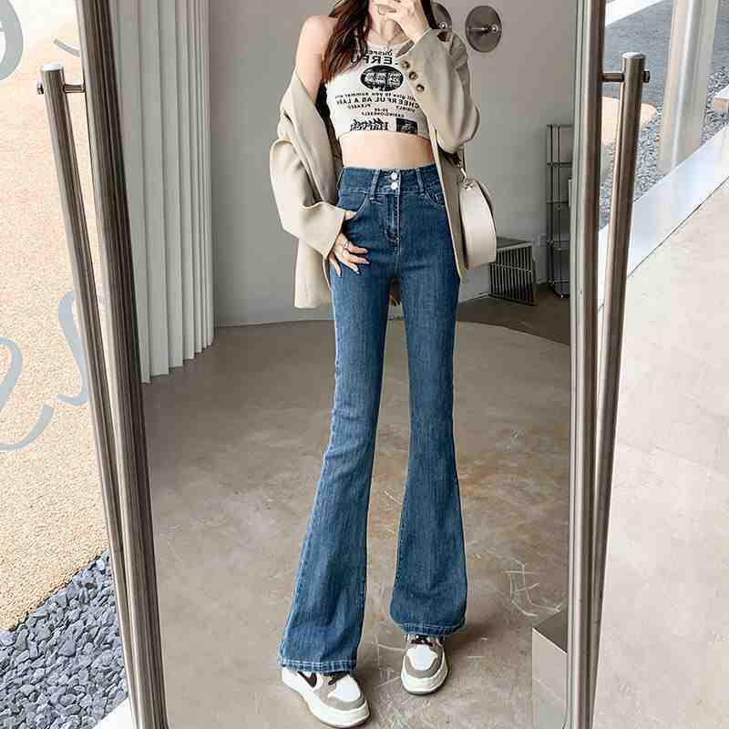 Women’s Black High-Waisted Micro-Flare Jeans - Double-Button, Stretchy, Slimming, Versatile, Wide-Leg Floor-Length, Spring/Autumn Wear 31