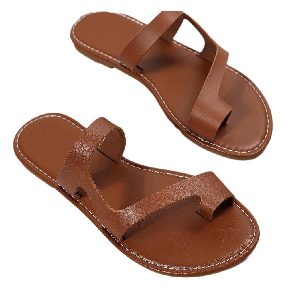 Plus Size Retro Toe Loop Flat Sandals - Women's Solid Color Beach Slippers