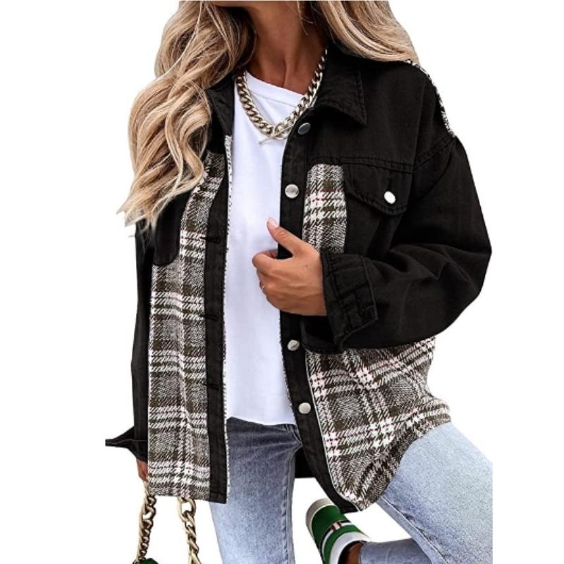 Women's Jacket Denim Jacket Long Sleeve Plaid Button Down Shirt Jacket Top