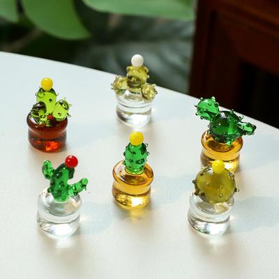 Faux Crystal Miniature Cactus Figurine Hand Blown Glass Potted Tropical Plants Ornament for Home Office Desk Tabletop Car Interior