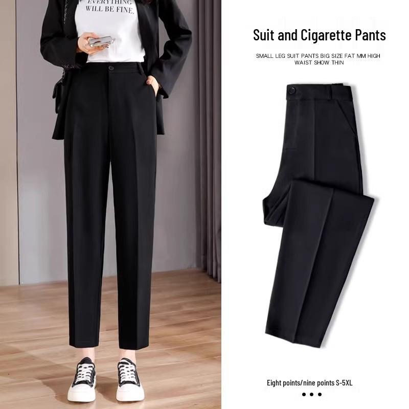 Women's High-Waist Black Cigarette Pants - Slimming, Plus Size, Cropped, Straight Fit for Spring/Autumn