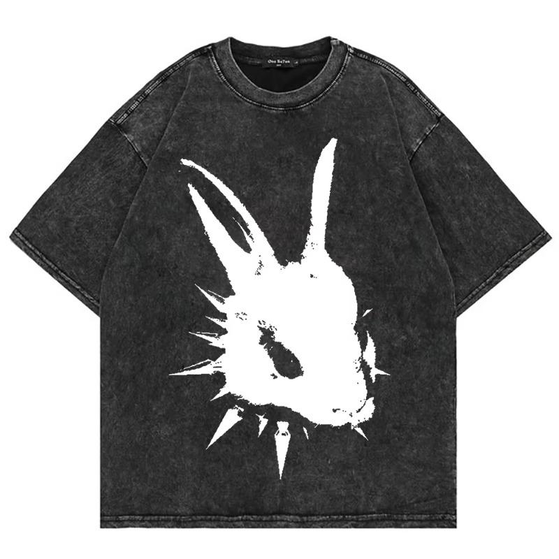 100% Cotton Vintage Washed Y2K Funny Smoking Rabbit Tshirt Fashion Men Retro Cool Bunny Meme Oversize Loose Acid Wash Tee Shirt