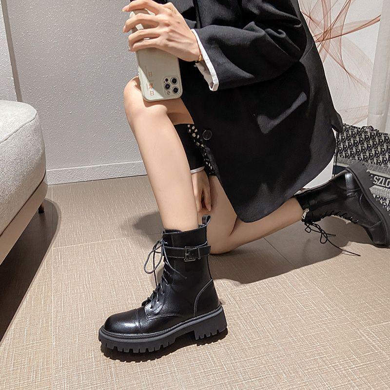 Women's Soft Leather Mid-Calf Martin Boots, Autumn-Winter 2025, White Fleece-Lined, Flat Thick Sole, Motorcycle Rider Style.