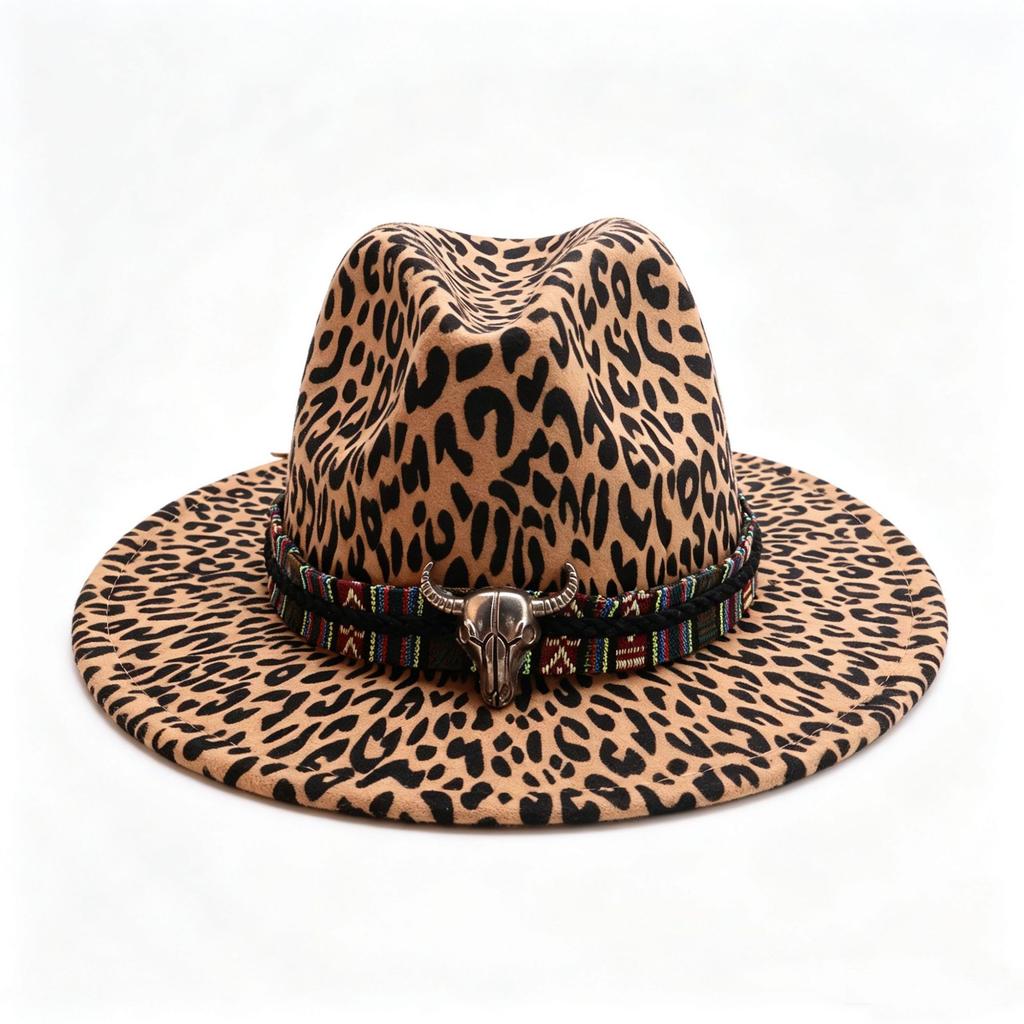 Western cowboy hat new peach heart top big brim leopard print British style fashion woolen jazz top hat
